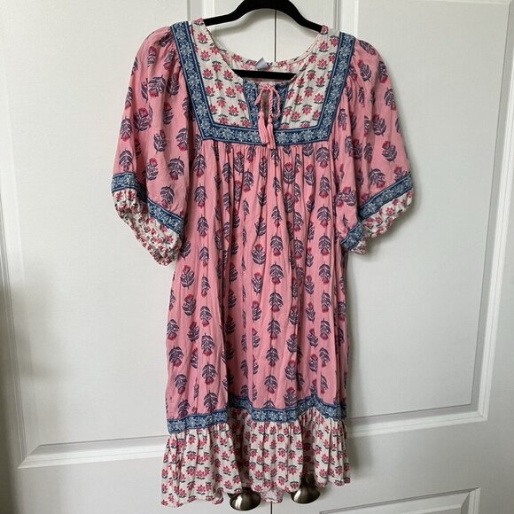 Old Navy Puff Sleeve Printed Mini Swing Dress Womens L Painted Posies Pink - Picture 2 of 8